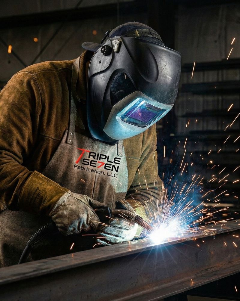 Professional welder performing metal fabrication work at Triple 7 Fabrication