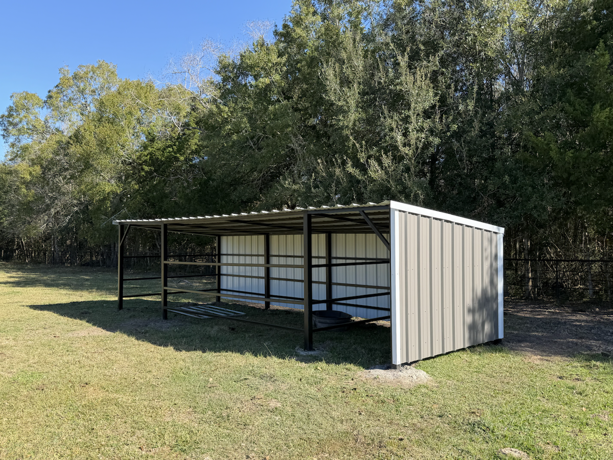 Custom livestock shelter rear angle view
